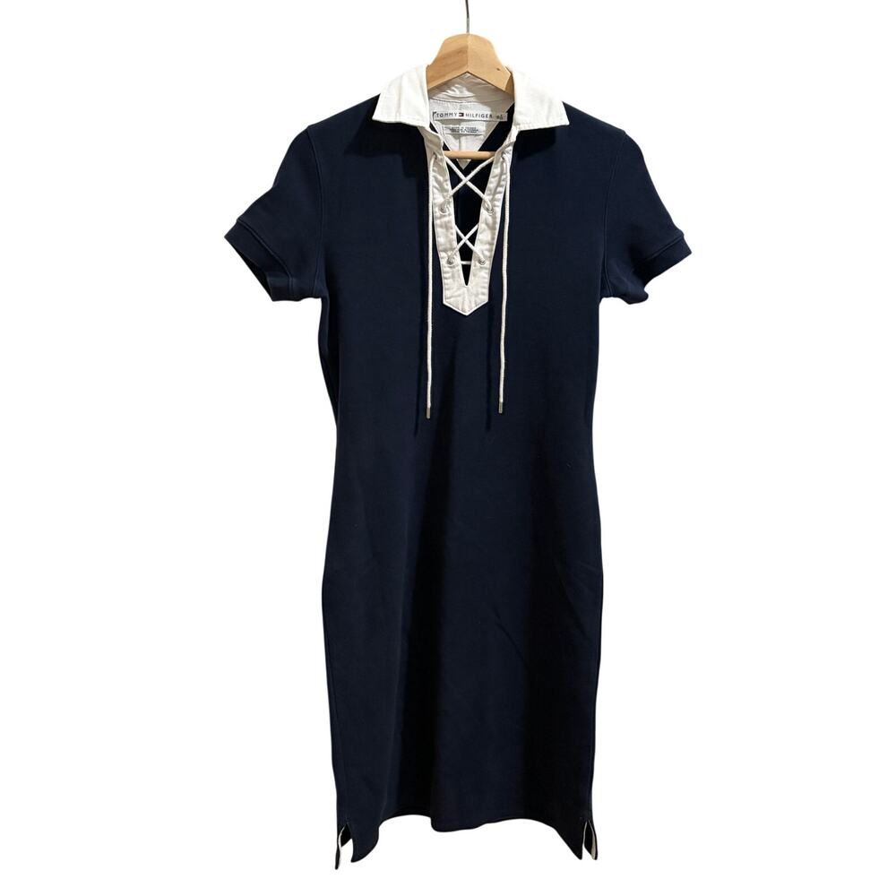 VTG Tommy Hilfiger Polo Shirt Dress Small Blue Tie Neck Short Sleeve Taiwan Y2k